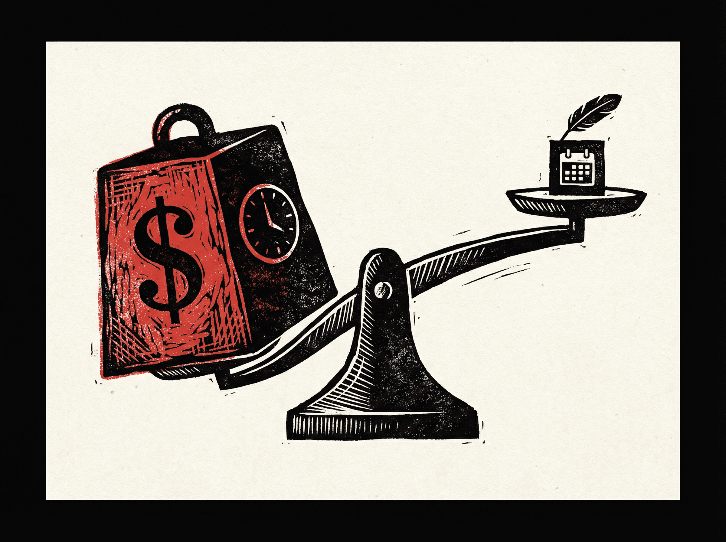 Neo-print illustration: dramatic scale comparison with massive block for 1.5M dollars and 18 months on one side versus tiny block for two weeks on other