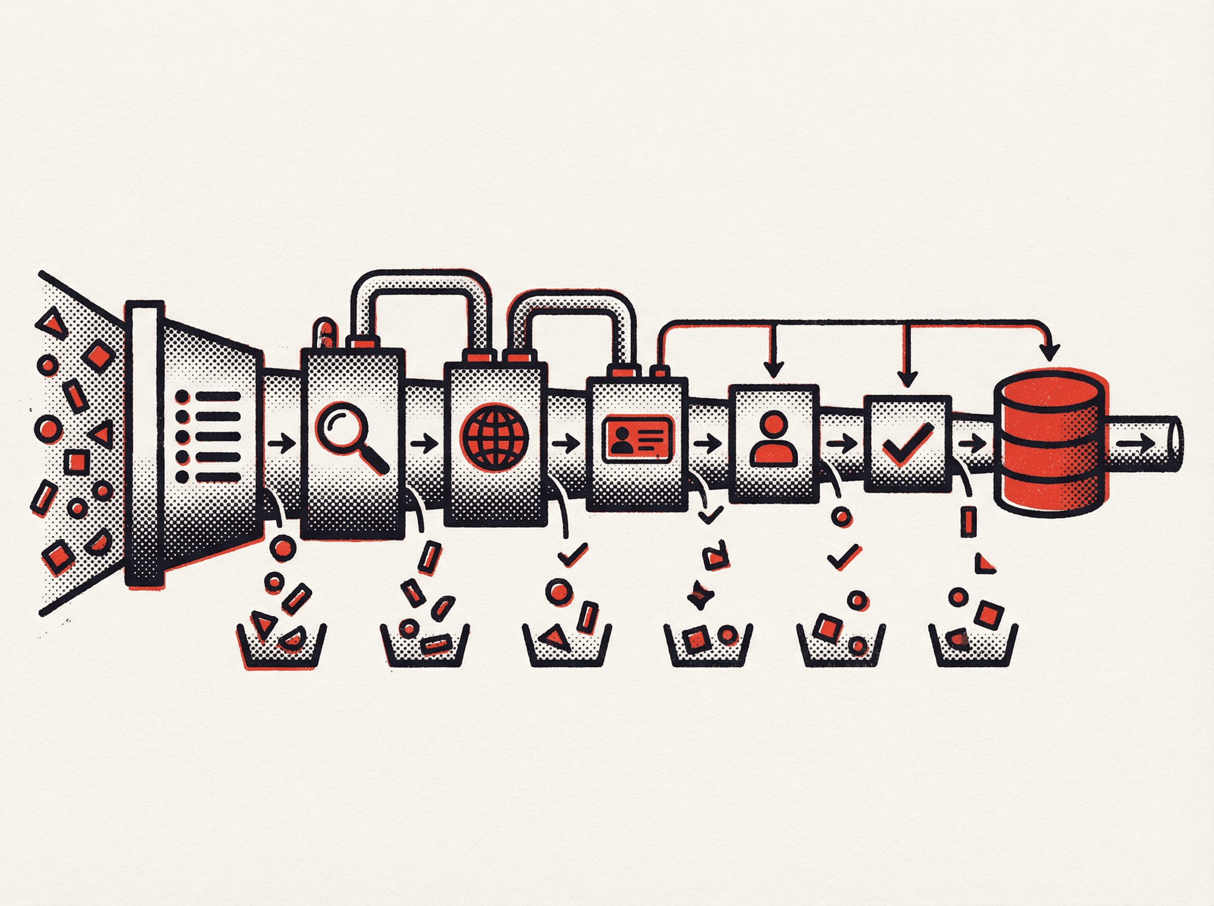Neo-print illustration: seven-stage horizontal pipeline from list to magnifying glass to globe to badge to person to checkmark to database, items filtering out at each stage