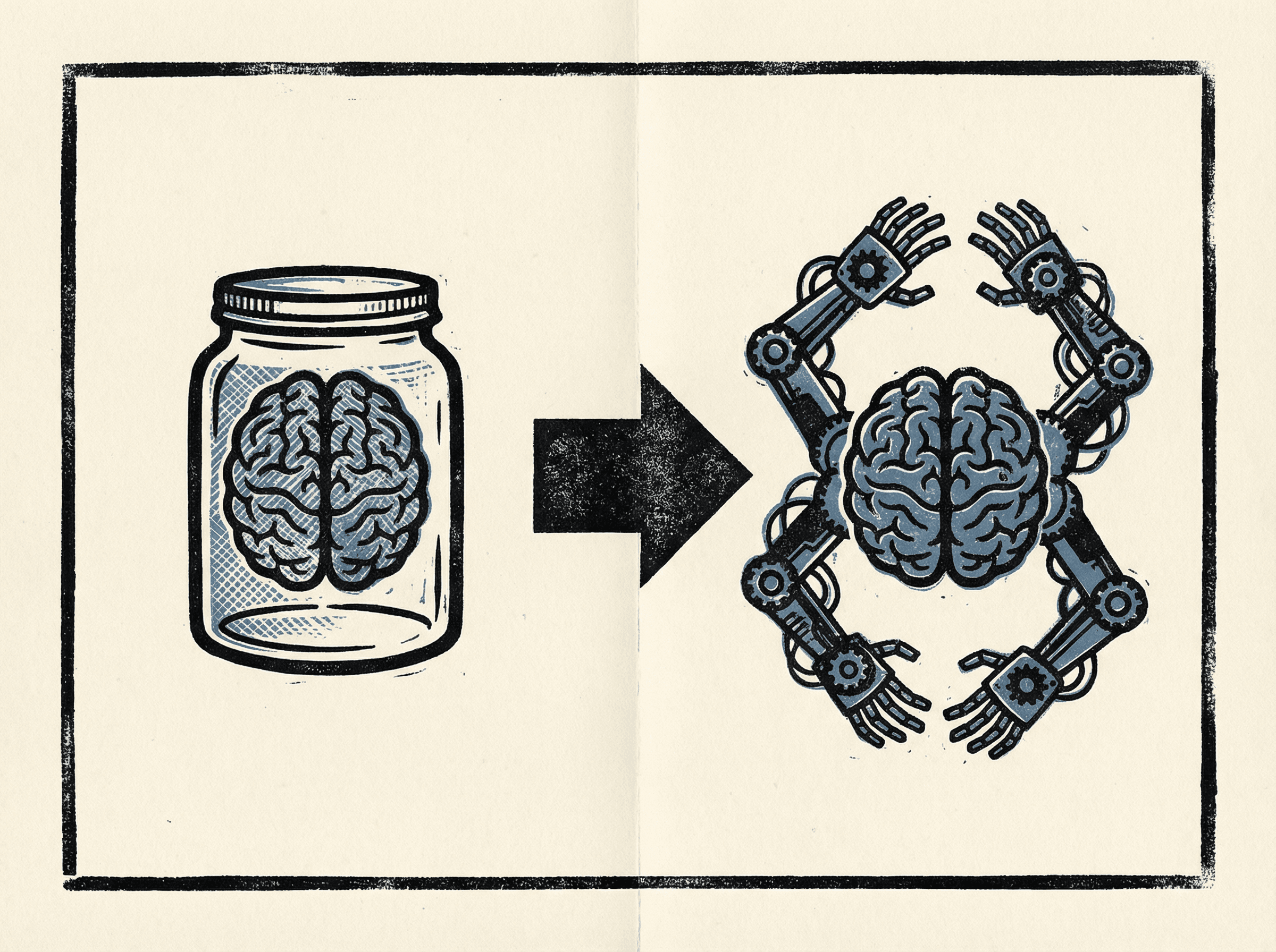 Neo-print iconic graphic: brain in jar on left transforming to brain with mechanical robot hands on right, bold arrow between showing passive to active