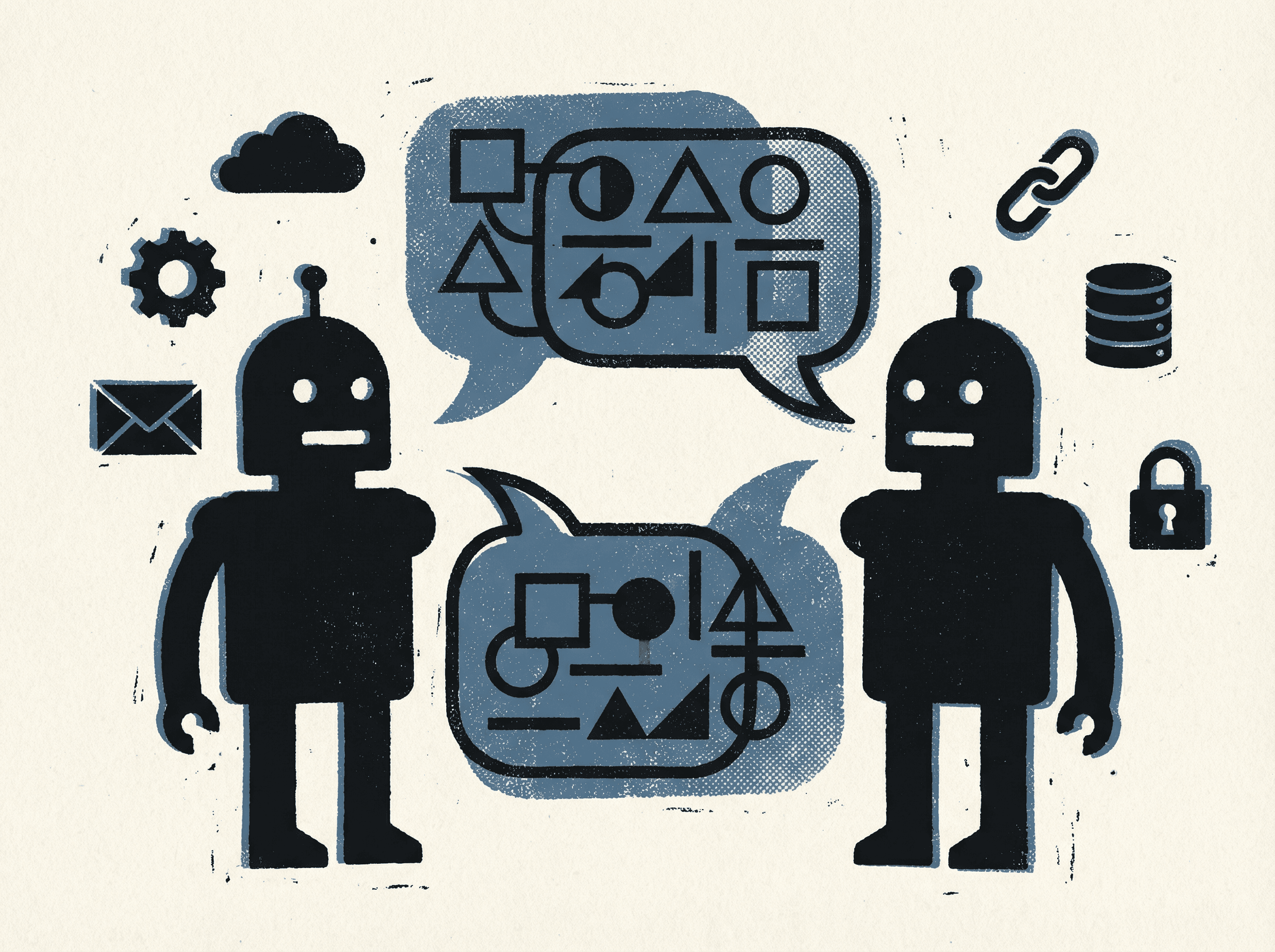 Neo-print illustration: two robot silhouettes facing each other with speech bubbles and geometric shapes flowing between them, service icons floating around