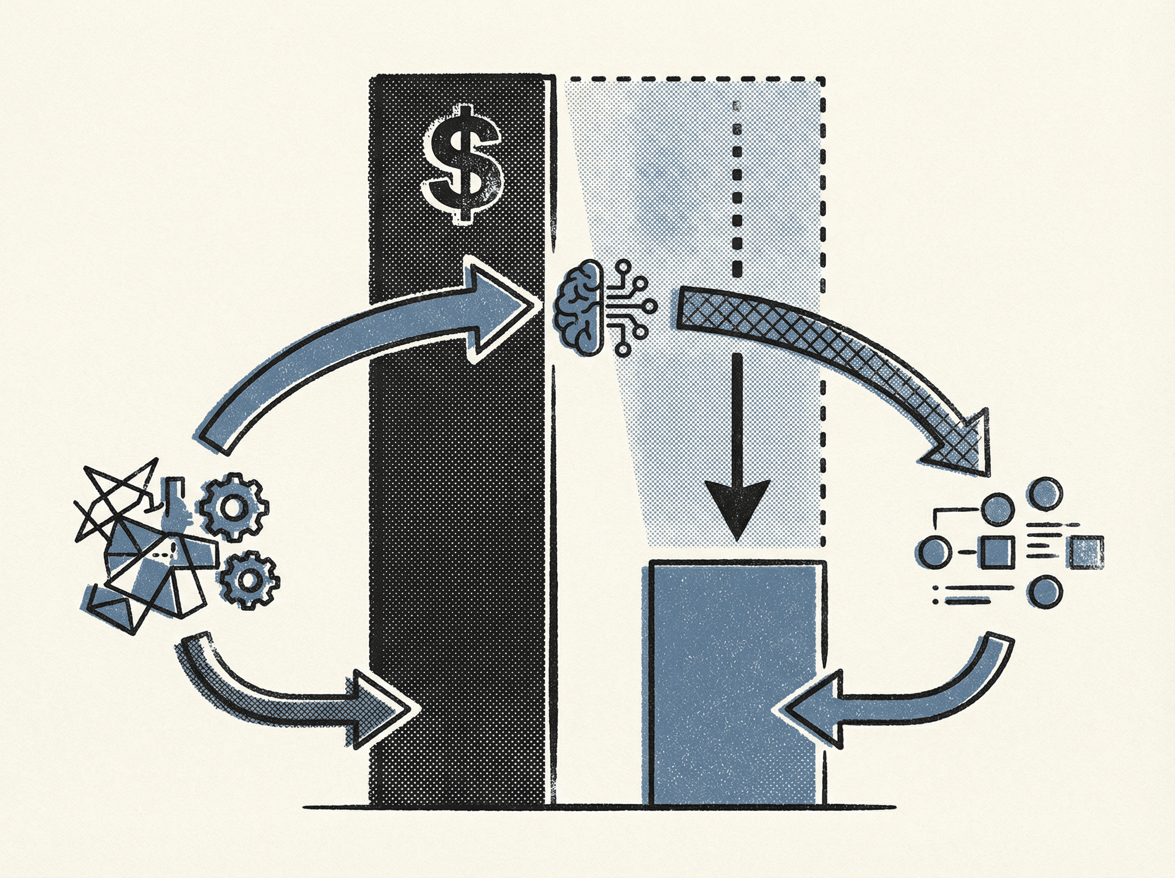 Neo-print chart illustration: tall expensive bar for premium model on left and short cheap bar for budget model on right, arrows directing complex tasks to expensive and simple to cheap
