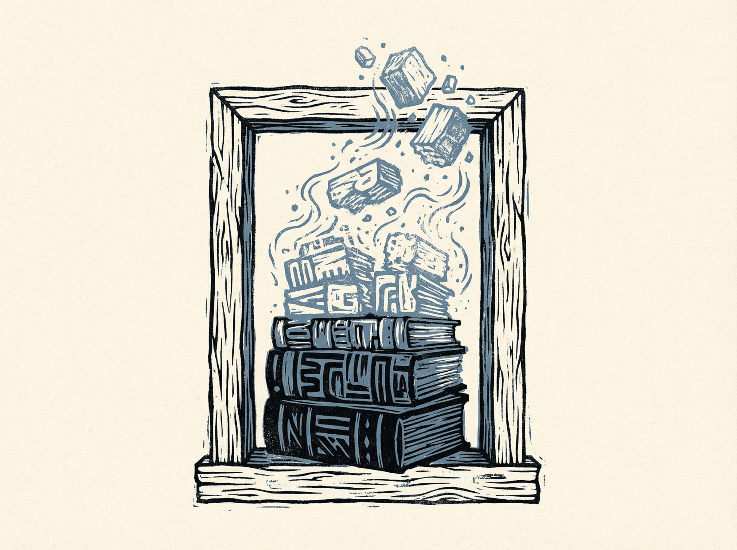 Neo-print illustration: physical window frame with text blocks stacking from bottom to top, oldest blocks fading and falling out the top as AI forgets earlier context