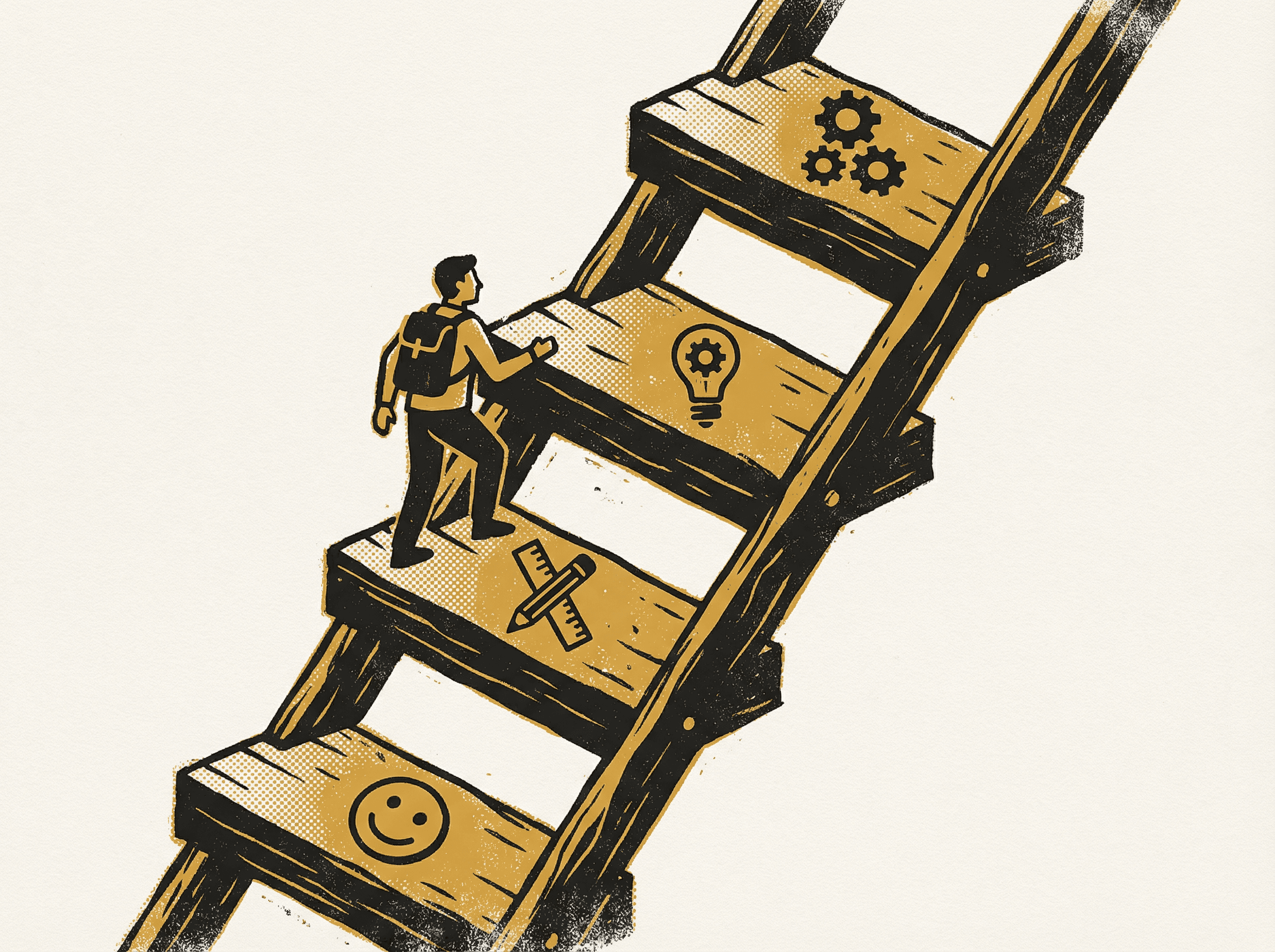 Neo-print illustration: staircase with four steps from beginner smiley face to advanced gears, small figure climbing representing progression from simple to complex tools