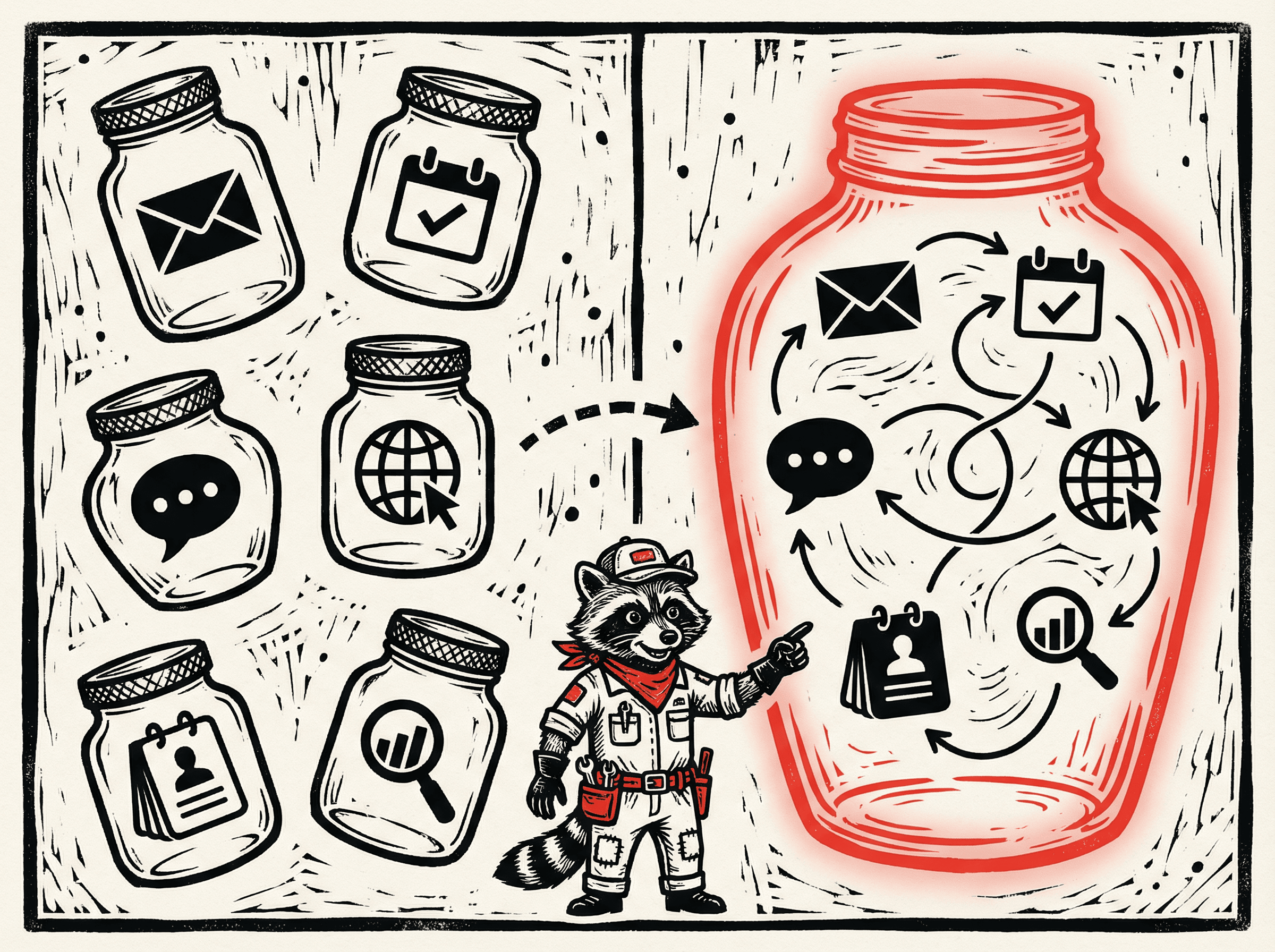Neo-print editorial illustration: left side shows six scattered isolated jars with different data icons inside, right side shows one unified vessel with all icons flowing together, raccoon Roxy pointing to unified side