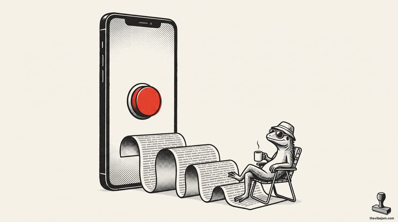 Neo-print illustration: a tall smartphone with one big spot-red button on its screen while a long scroll of paragraph text spills onto the ground, and Hank the lizard in aviators and a bucket hat relaxes in a lawn chair with a coffee, ink black and spot red on paper white