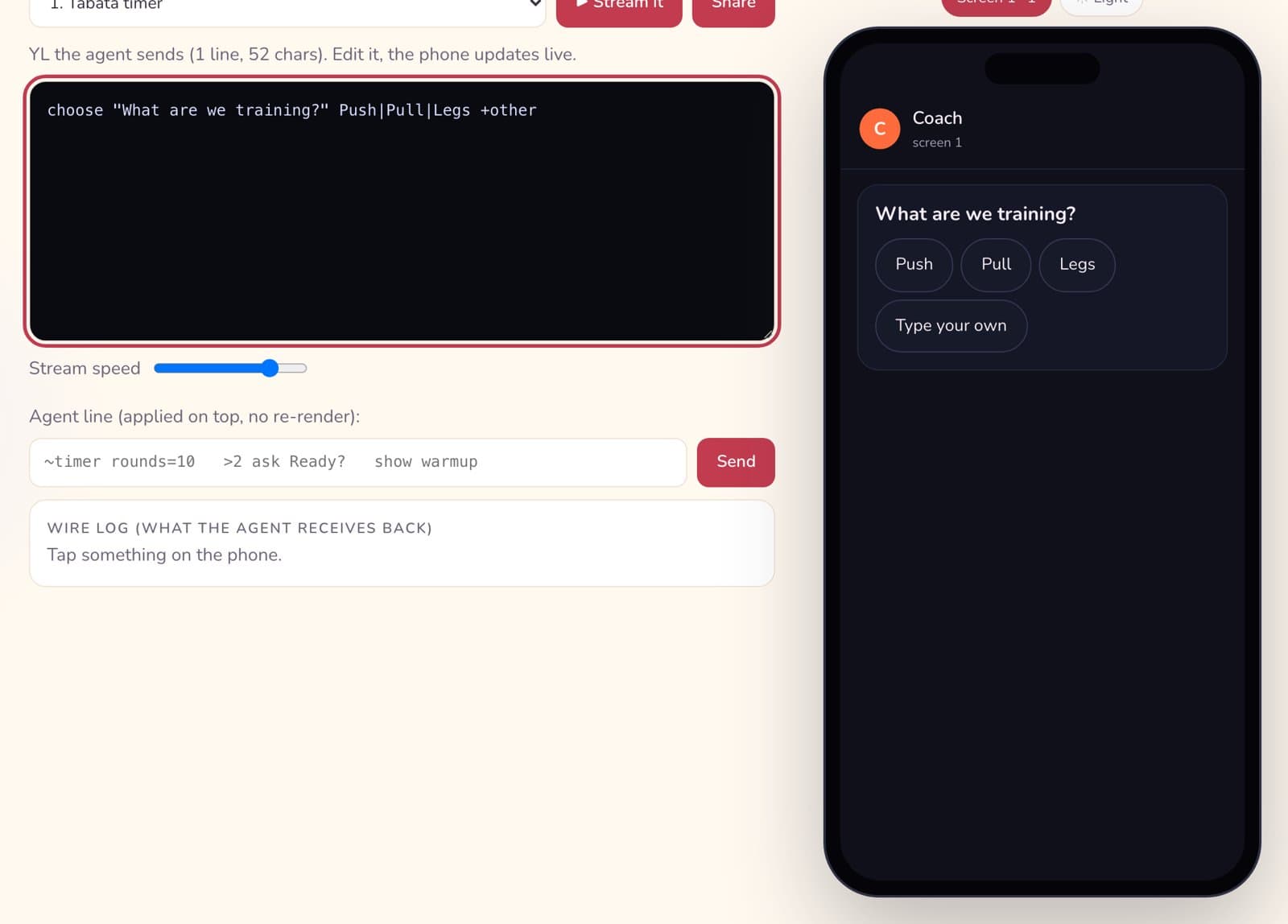 The Yui playground: a choose line on the left, and on the right a phone asking What are we training? with Push, Pull, Legs and Type your own buttons