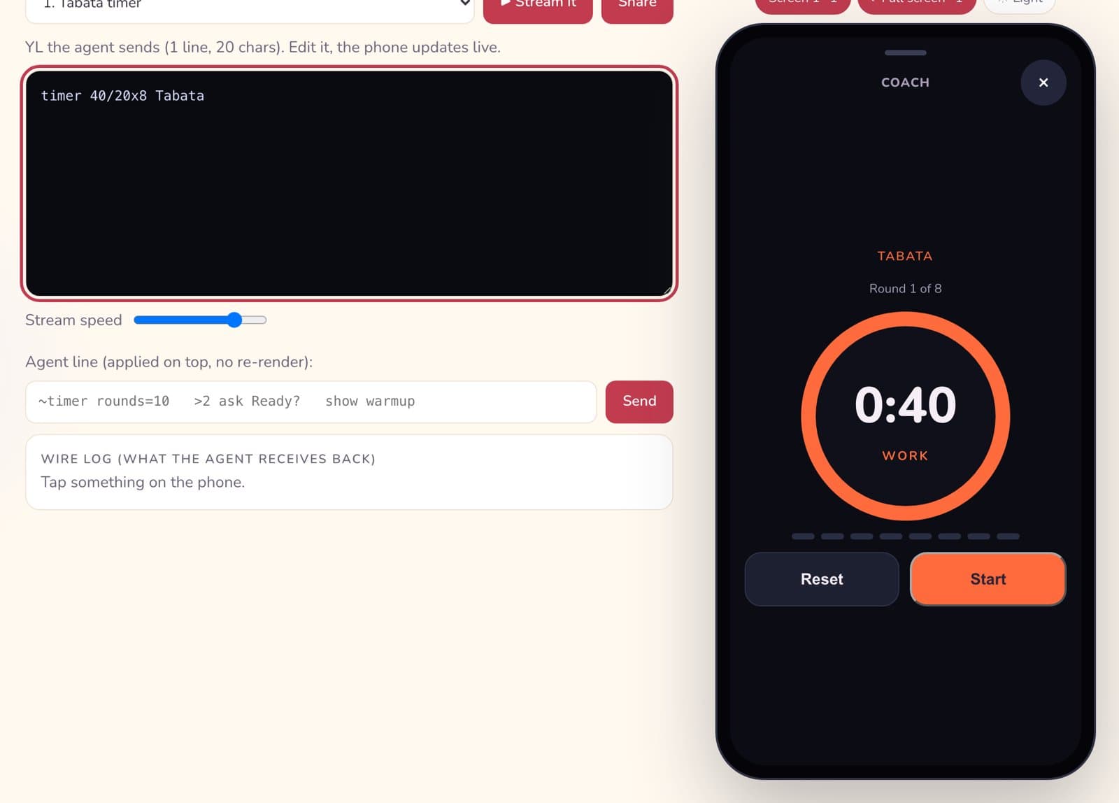 The Yui playground: the line timer 40/20x8 Tabata on the left, and on the right a phone showing a Tabata timer at 0:40, round 1 of 8, with Reset and Start buttons