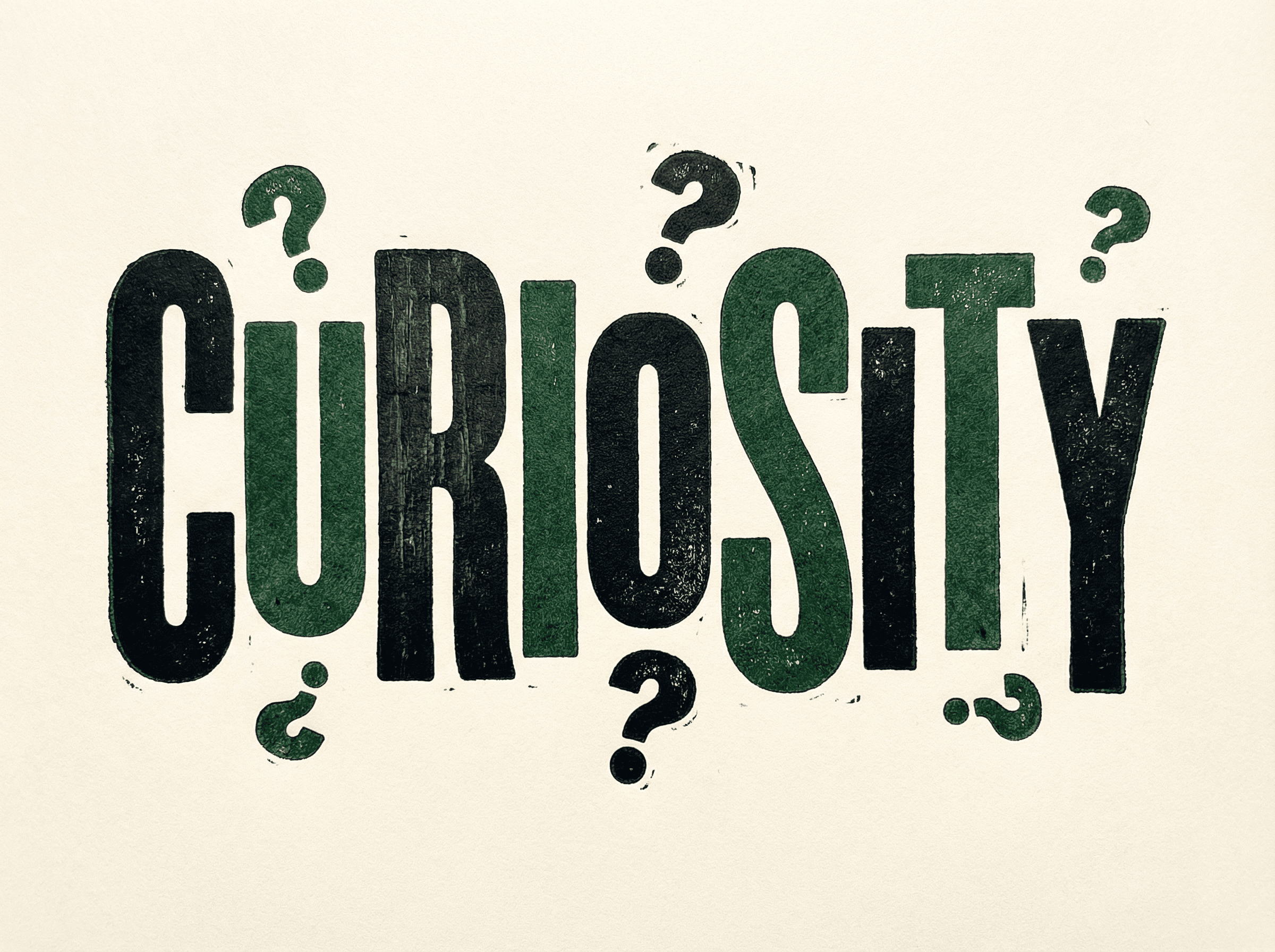 Neo-print typographic poster: CURIOSITY in massive warm block letters with playful question marks floating around