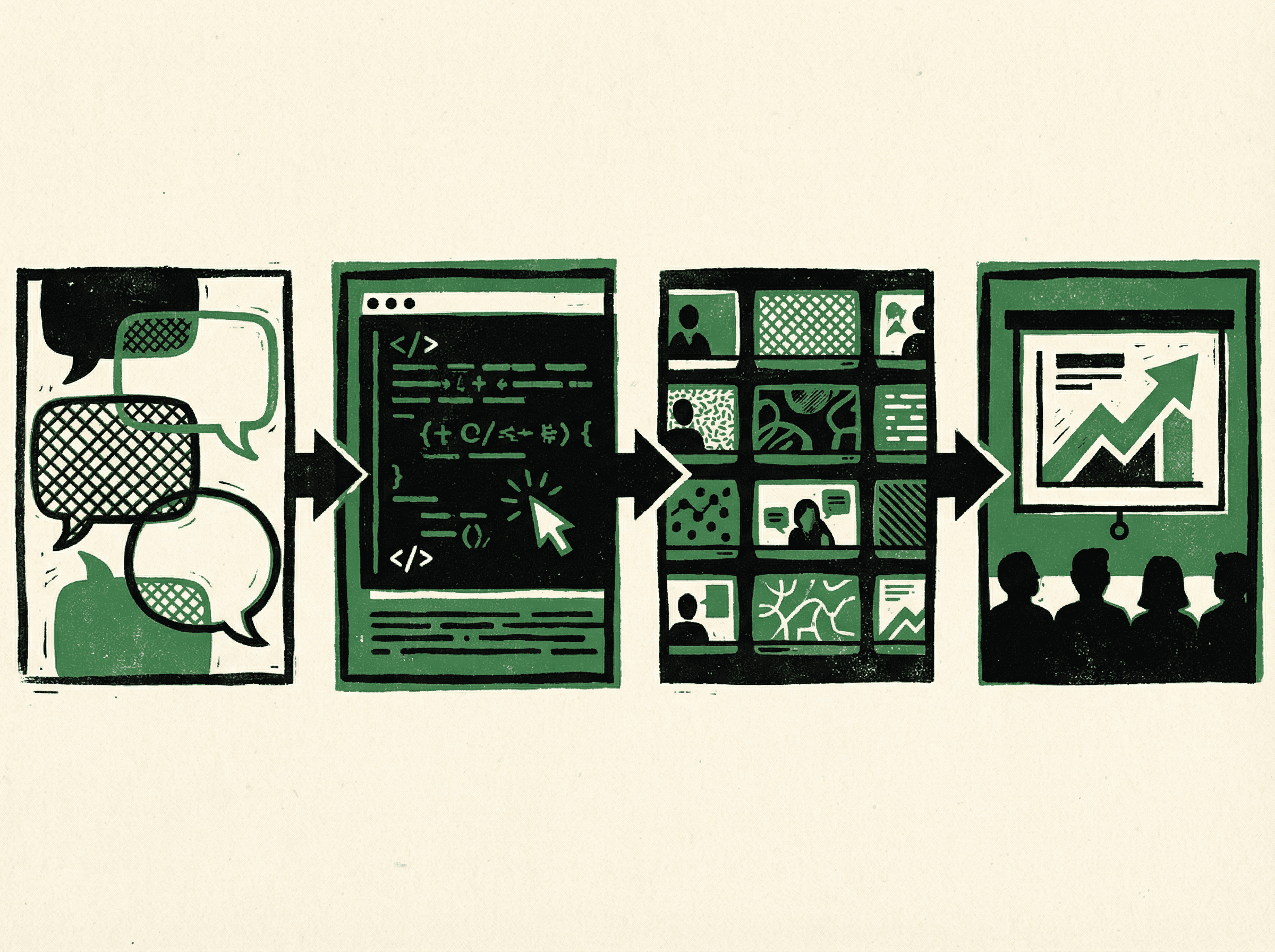 Neo-print illustration: four-part horizontal timeline showing session structure -- group discussion, live coding, individual work, presentation share